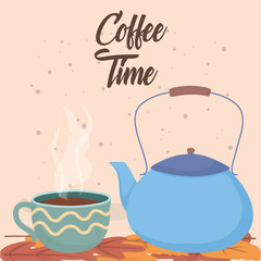 Canvas Print - coffee time, cups and kettle on leaves fresh aroma beverage