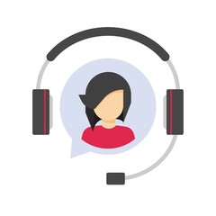 Wall Mural - Customer service support logo icon or client assistance help desk agent in headset or headphones call center symbol vector flat, telephone online operator assistant logotype with female person
