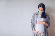 © Алина Троева - Sad pregnant woman wearing medical face masks due to illness, dizziness against infectious diseases and flu. Healthy pregnancy concept. Pregnancy And Infection. Copy space mock up. White background