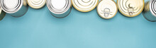 Top View Of Cans On Blue Background With Copy Space, Food Donation Concept