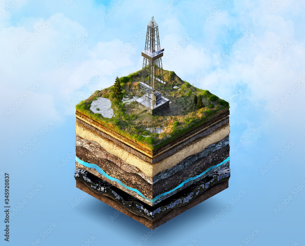 Oil Rig Crossover Oil drilling, extraction 3D isometric illustration. Soil layers cross ...