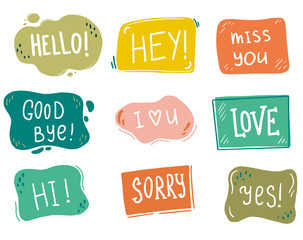 Poster - Hand drawn set of speech bubbles with dialog text. Comic doodle sketch style. Text and speech balloon element of color. Vector illustration for icon design.