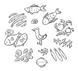 Set of cartoon doodle seafood or ocean animals like fish, shrimps and squids