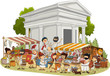 Ancient civilization with people working. Greek roman retro vintage people in the street market.
