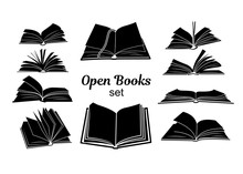 Open Book Black Silhouettes. Knowledge And Education Symbols Set Isolated On White Background. Books Pictograms For Bookstore, Literature Classes Or Book Fair Logo Design Vector Illustration.