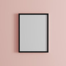 Blank Frame On Light Pink Wall Mock Up, Vertical Black Poster Frame On Wall,  Picture Frame Isolated On A Wall, Mock Up For Picture Or Photo Frame,  Empty Frame On Bright Wall, 3d Render