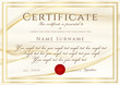 © Shiny777 - Certificate template with Guilloche pattern (lines), golden frame border and red wax seal. Gold background for Diploma, deed, certificate of appreciation, achievement, attendance, award plaque design