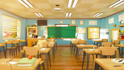 Empty school classroom in cartoon style. Education concept without students. 3d rendering interior illustration. Back to school design template. Classroom in quarantine on coronavirus COVID-19