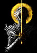 A woman swordsman in beautiful armor, stands straight and prays holding a Golden rapier in her hand, behind her bright yellow and gold sun . 2D illustration