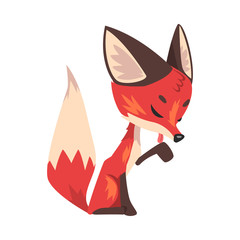 Poster - Cute Little Fox Licking Its Paw, Wild Forest Animal Cartoon Character Vector Illustration