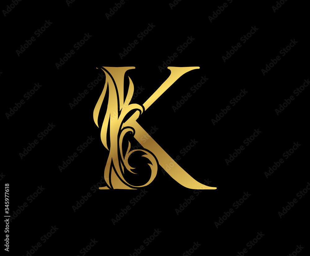Classy Elegant Gold K Letter Floral logo. Vintage Swirl drawn emblem ...