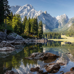 Aufkleber - Fusine lake at sunrise. Wonderful Nuture landscape.