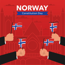 Norway Constitution Day. Hand Holding Flag With Building Church Castle Silhouette For Social Media Poster.
