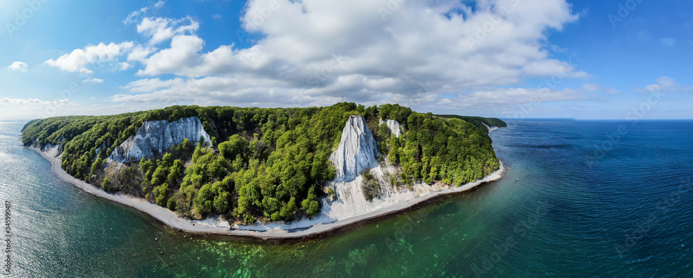 Panorama view of the Koenigsstuhl or Kings Chair and Victoria´s View / Ruegen (Rügen) Chalk Cliffs in the Jasmund National Park in the Baltic sea (Germany, Europe) Island of Ruegen - obrazy, fototapety, plakaty 