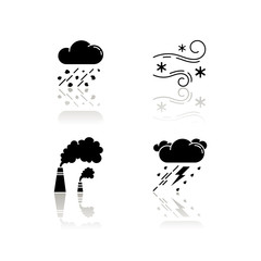 Poster - Bad weather forecast drop shadow black glyph icons set. Meteorology, atmosphere condition prediction. Hail, blowing snow, smoke and thunderstorm. Isolated vector illustrations on white space