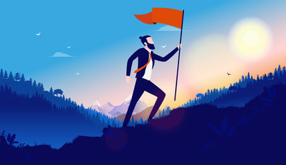 Wall Mural - Walking up hill with flag. Modern businessman taking the hard road to reach personal success. Winner, on top, self development, success and business growth concept. Vector illustration.
