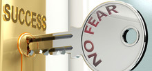No fear and success - pictured as word No fear on a key, to symbolize that No fear helps achieving success and prosperity in life and business, 3d illustration
