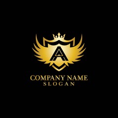 Poster - Letter A Shield, Wing and Crown gold in elegant style with black background for Business Logo Template Design, Emblem, Design concept, Creative Symbol, Icon