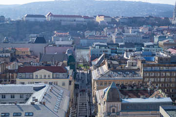 BUDAPEST, HUNGARY - MARCH 2020. Aerial view square with people in front of Saint Stephens Basilica in Budapest