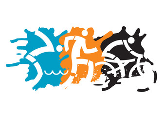 Wall Mural - Three Triathlon racers. 
Expressive dynamic drawing Three triathlon athletes on the grunge background. Vector available.