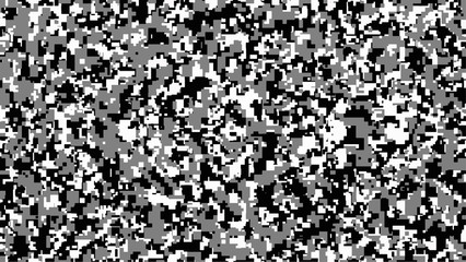 Black, white and grey Pixel Camouflage. Digital Camo background, military pattern, army and sport clothing, urban fashion. Vector Format. 16:9 aspect ratio.