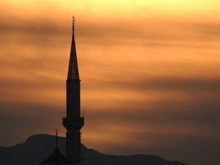 church, tower, sunset, architecture, sky, religion, silhouette, mosque, building, minaret, city, landscape, istanbul, travel, cathedral, steeple, turkey, landmark, blue, paris, evening, monument, nigh