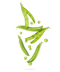 Wall Mural - Uncovered pea pods in the air, isolated on a white background