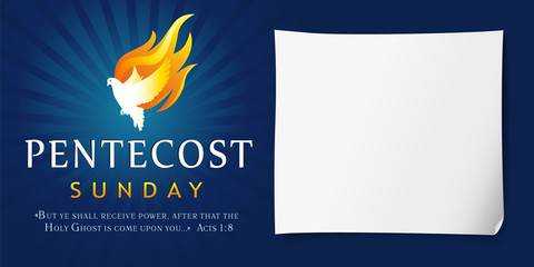 Wall Mural - Pentecost Sunday poster with dove Holy Spirit in flame. Template invitation banner for Pentecost day with dove in tongues fire and text Acts 1:8. Vector illustration