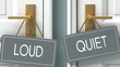 quiet or loud as a choice in life - pictured as words loud, quiet on doors to show that loud and quiet are different options to choose from, 3d illustration