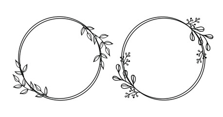 Floral Wreath with leaves and berries, round frame, floral circle vector isolated on white background. Hand drawn simple For wedding invitations, greeting cards