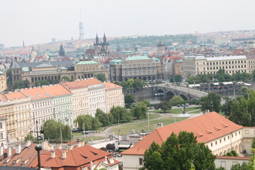 urban landscape top view red roofs of houses and visible square and castle Prague Czech Republic