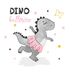 Wall Mural - Cartoon baby Dino ballerina girl. Vector watercolor dinosaur illustration.