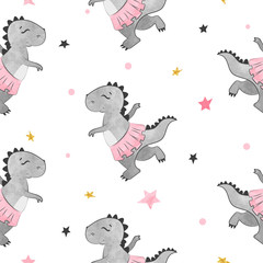  Cartoon baby Dino pattern for kids design. Vector dinosaur girl background.