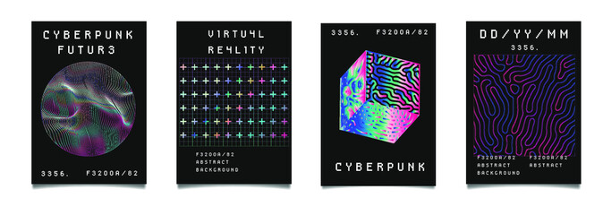 Aufkleber - Set of vaporwave and synthwave style posters neon 3d figures. Collection of futuristic cyberpunk covers for music, hackathon or science event.