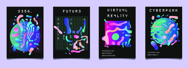 Aufkleber - Set of vaporwave and synthwave style posters with liquid blobs in holographic vibrant color tones. Collection of futuristic cyberpunk covers for electronic music party, club or bar night event.