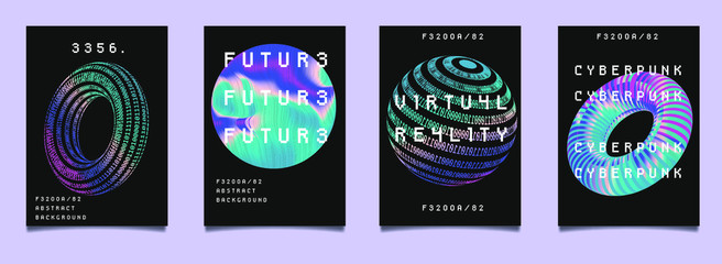 Aufkleber - Set of vaporwave and synthwave style posters with binary code and 3d figures. Collection of futuristic cyberpunk covers for music, hackathon or science event.