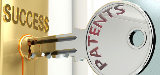 Patents and success - pictured as word Patents on a key, to symbolize that Patents helps achieving success and prosperity in life and business, 3d illustration