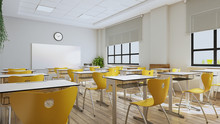 Modern Classroom Design With Modern Desk And Yellow Seat 3D Rendering
