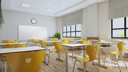 Modern classroom design with modern desk and yellow seat 3D rendering