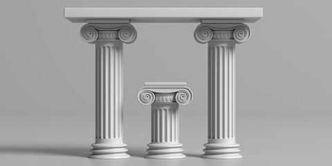 Wall Mural - Ancient greek altar table with marble pillar columns, against gray background. 3d illustration