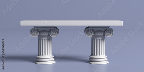 Marble table with pillar columns, classic ancient greek against blue backgrou...