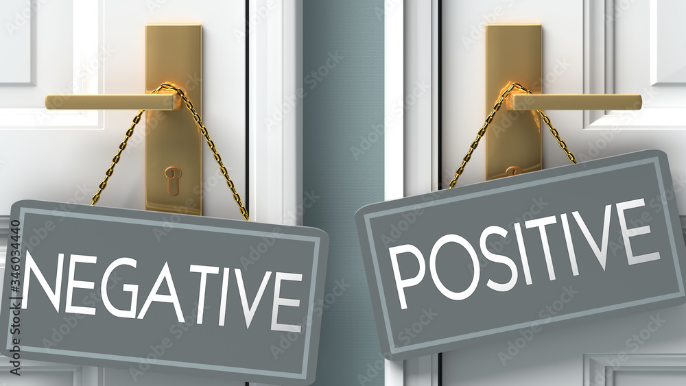 positive or negative as a choice in life - pictured as words negative, positive on doors to show that negative and positive are different options to choose from, 3d illustration