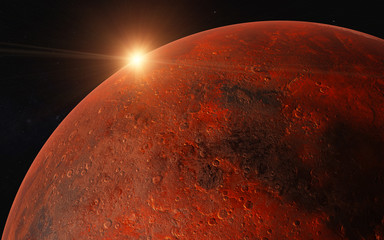 Wall Mural - sunrise over the mars planet of solar system close up. 3d rendered illustration. elements of image w