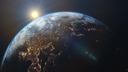Wall Mural - rotating planet earth with a real tilt axis and direction of rotation. sunrise over the eastern hemi