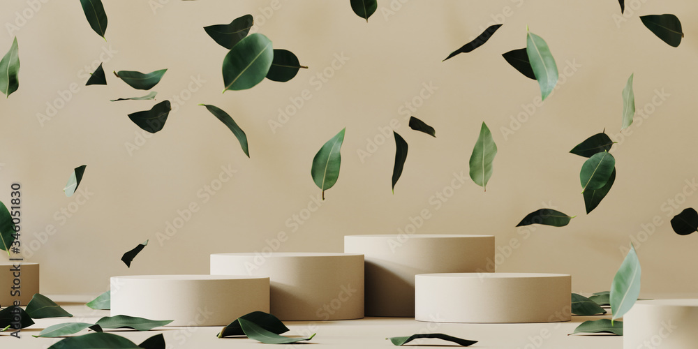 Cosmetic background for product presentation. Beige paper podium and falling green leaves on beige background. 3d rendering illustration. - obrazy, fototapety, plakaty 