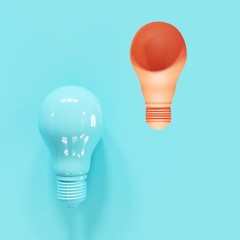 Wall Mural - Orange Light bulb slump with one blue light bulb on blue background. 3D Render. Minimal Creative idea.