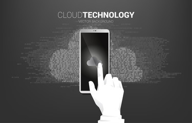 Poster - Businessman hand click on mobile phone and background cloud with one and zero digit matrix style. Concept for cloud technology computing.