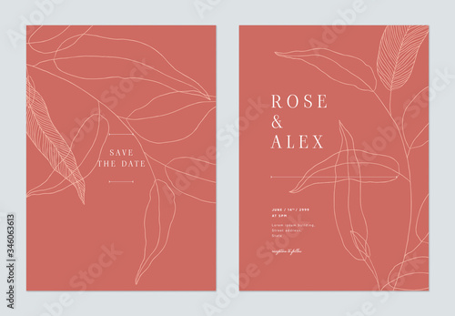 Minimalist wedding invitation card template design, leaves line art ink drawi...