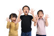 © sweetlemontea - Children health care for germs and touch concepts. Three little Asian boy and girls shocking by bacteria on hands. 3 Kids doing gestures and expressing very shocked and raise hands to hold near face.