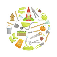 Circle Of Different Garden Tools. Vector Illustration.